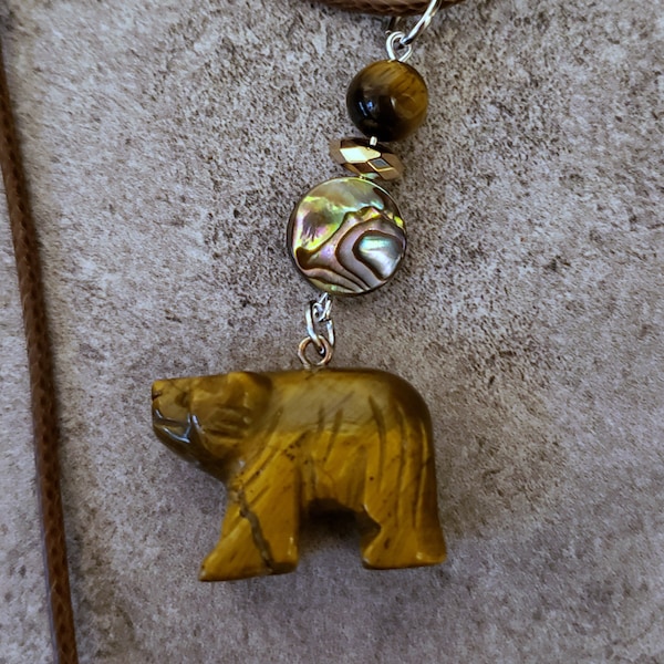 Tigers Eye Bear Necklace, Animal Necklace, Bear Totem Necklace, Abalone Gemstone Necklace, Everyday Jewelry, Healing Gemstone Jewelry