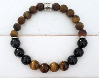 Tiger's Eye & Banded Agate Bracelet: Lava Bead Aromatherapy Jewelry