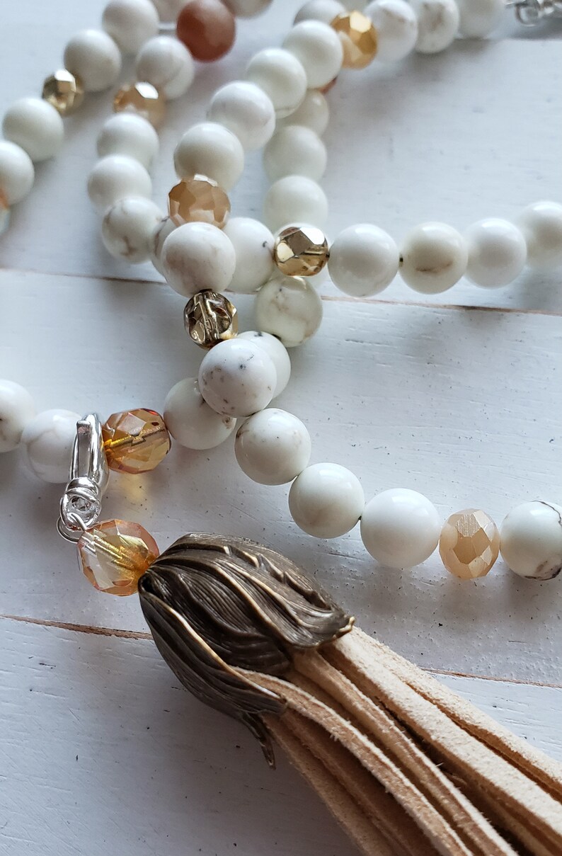 Gemstone Tassel necklace Bohemian Boho Tassel necklace White Magnesite Necklace Long Beaded Tassel necklace Removable Tassel necklace