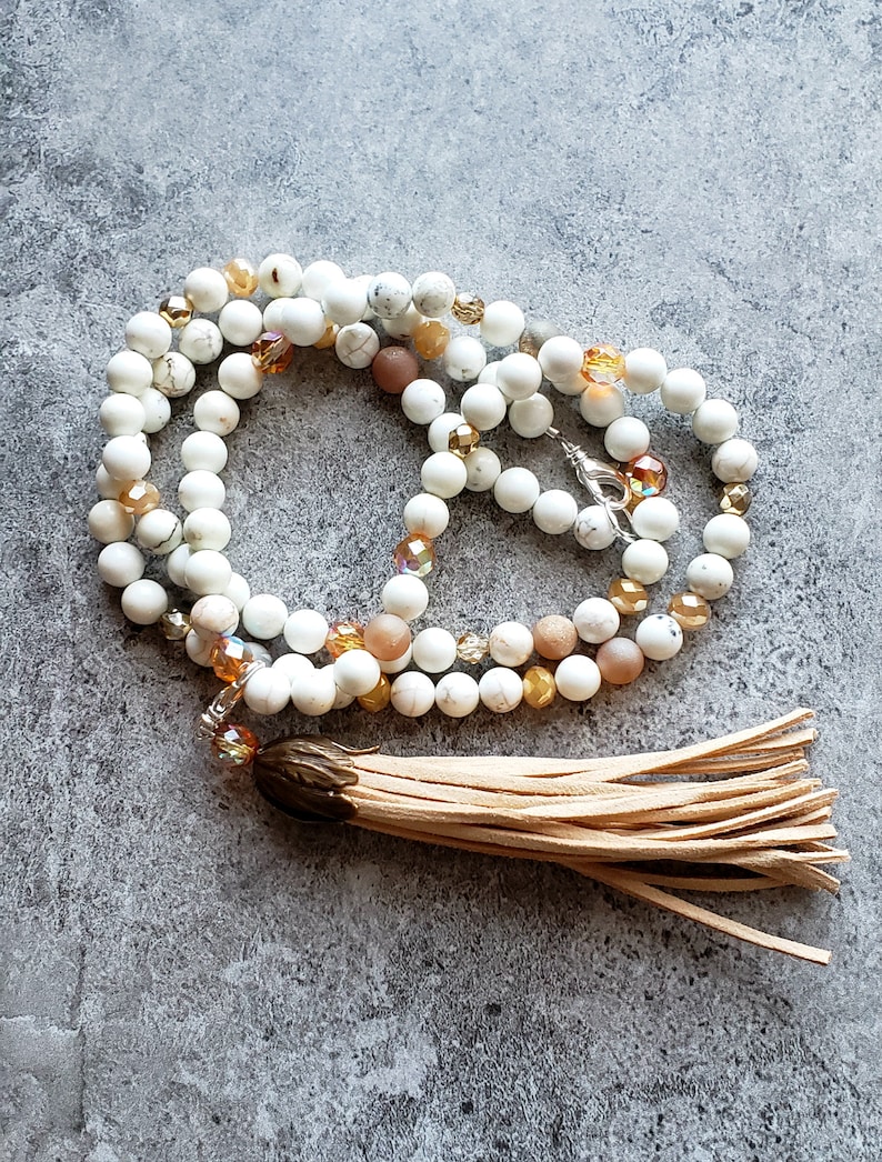 Gemstone Tassel necklace Bohemian Boho Tassel necklace White Magnesite Necklace Long Beaded Tassel necklace Removable Tassel necklace