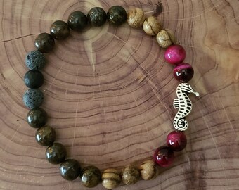 Ocean Seahorse Bracelet, Stacking Yoga Bracelet, Healing Gemstone bracelet, Aromatherapy bracelet, Gemstone jewelry, Lava bead bracelet,Gift