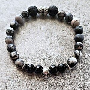 Spiderweb Jasper Bracelet, Black Jasper bracelet, Skull Bracelet, Unisex Bracelet,Lava bead bracelet,Aromatherapy bracelet, Gemstone jewelry