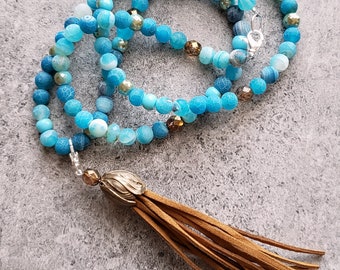 Blue Cracked Agate Necklace, Long Beaded Tassel necklace,Gemstone Tassel necklace, Removable Tassel necklace, Boho Tassel necklace, Bohemian