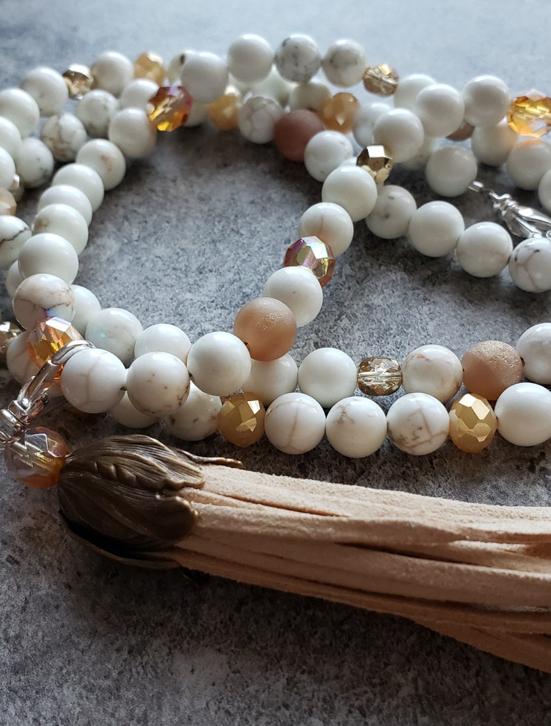 Gemstone Tassel necklace Bohemian Boho Tassel necklace White Magnesite Necklace Long Beaded Tassel necklace Removable Tassel necklace