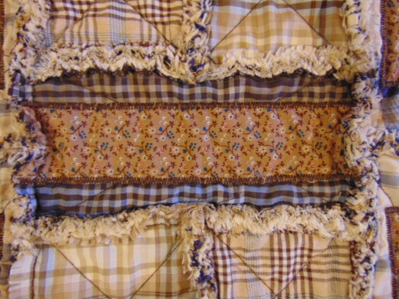 Farmhouse Homespun Rag Quilt Table Runner 12 x 28 Beige Tan Blue Gold Brown