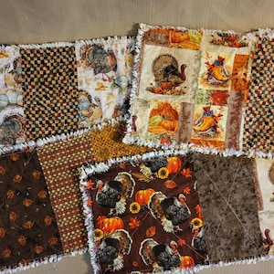 May include: A patchwork Thanksgiving-themed table runner with diverse fabric patterns. The runner features squares with turkey, pumpkin, and autumn leaf designs in shades of brown, orange, and cream. The edges are finished with a fringed trim.