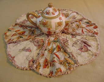 Fall Autumn Rag Quilt 20" Table Centerpiece Candle Mat Folk Art Farm Tan Orange