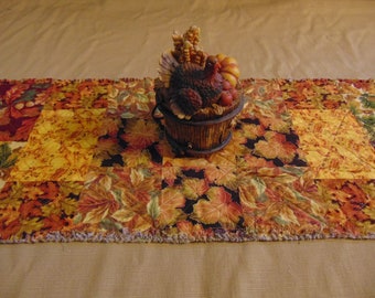 Glittery Fall Leaves Rag Quilt  Patchwork Table Runner  12" x 45"