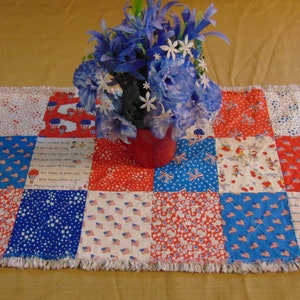 Americana Patriotic Rag Quilt Patchwork Table Runner 14" x 46" 30 different patches Vintage Reproductions