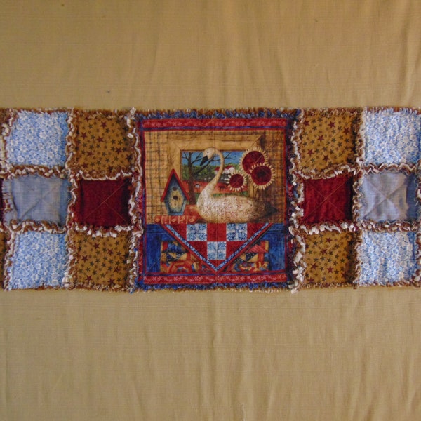 Americana Folk Art Swan  Panel Patchwork Rag Quilt Table Runner 12" x 36" Primitive Country Patriotic