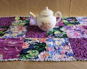 XL Floral Patchwork Rag Quilt Table Runner 18" x 48" Centerpiece Dragonflies and Flowers