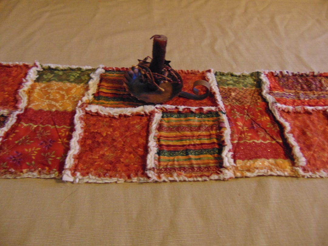 Glittery Fall Rag Quilt Patchwork Table Runner or Shelf Mat 9