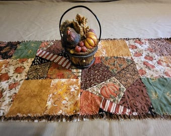 Autumn Crazy Patchwork Fall Rag Quilt Patchwork Table Runner 13" x 34" Earth Tones