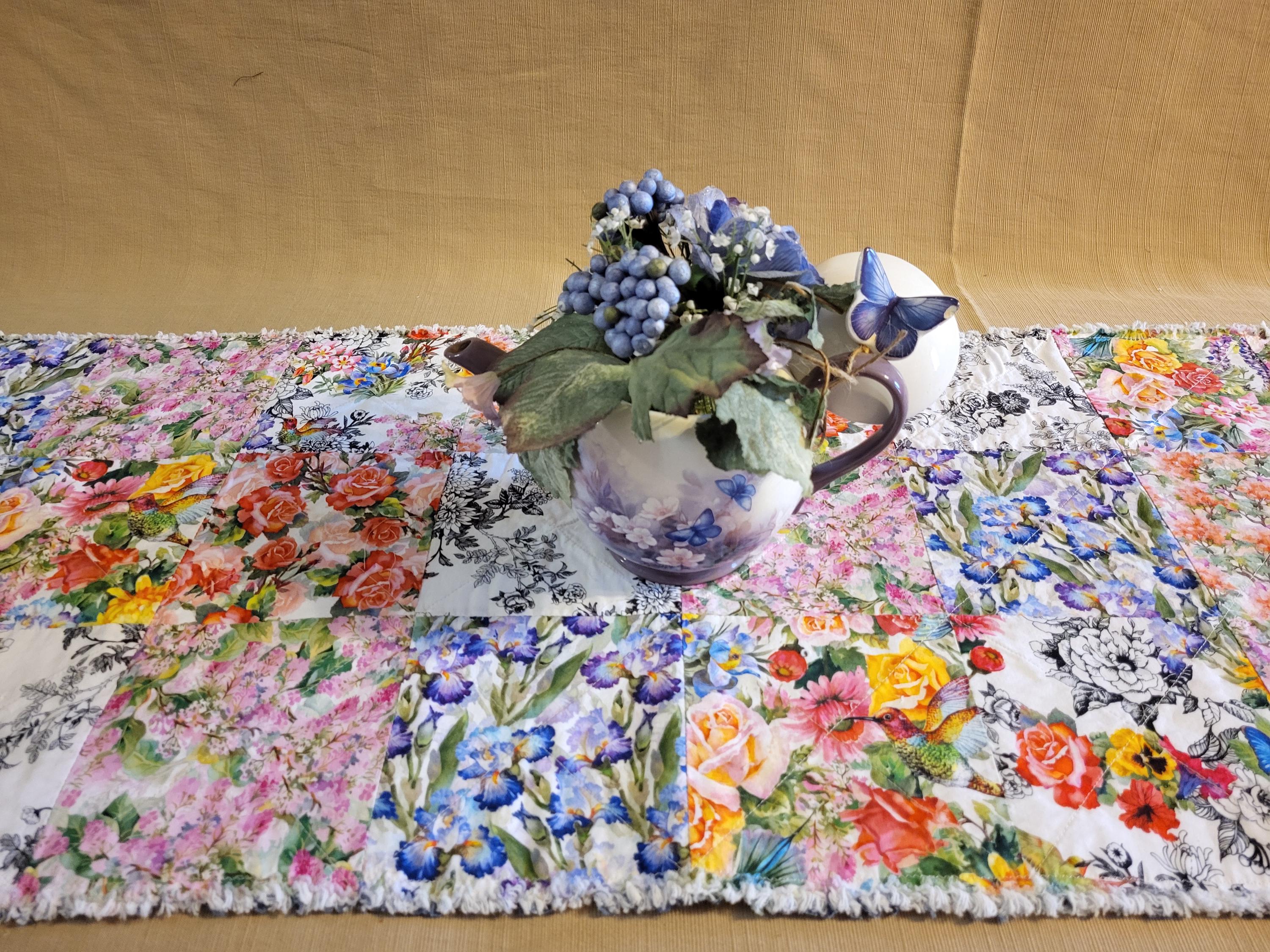 XL Floral Patchwork Rag Quilt Table Runner 18" x 48" Centerpiece Flower Patches Peach Orange Pink Blue Purple