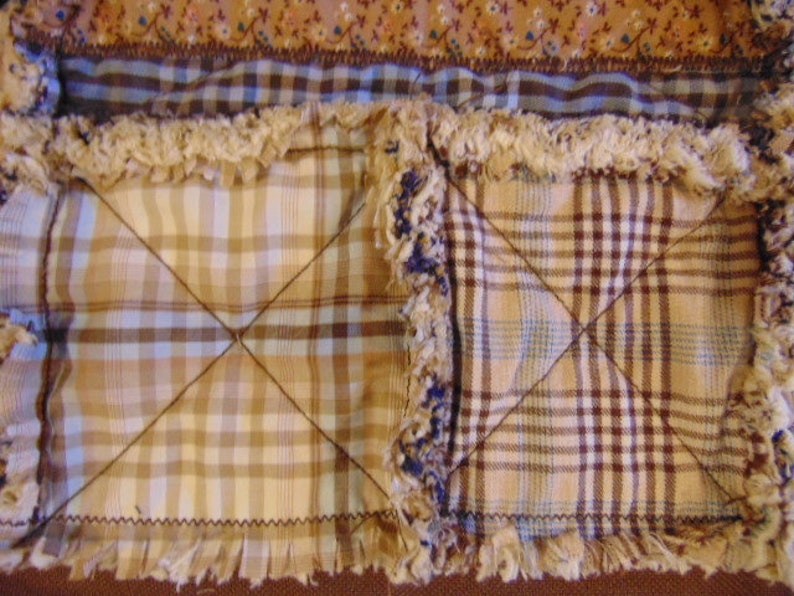 Farmhouse Homespun Rag Quilt Table Runner 12 x 28 Beige Tan Blue Gold Brown