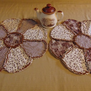 Rag Quilt Country 16&quot; Table Candle Mat Table Centerpiece Ivory Brown Gingham Calico Patchwork