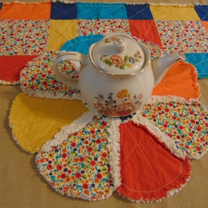 Choice of Rag Quilt Patchwork Table Runner or Candle Mat Turquoise Blue Orange Red Yellow Floral