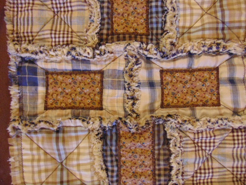 Farmhouse Homespun Rag Quilt Table Runner 12 x 28 Beige Tan Blue Gold Brown