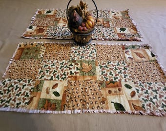Acorns & Leaves Fall Rag Quilt Patchwork Table Runner 12" x 26" Earth Tones
