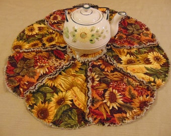 Fall Autumn 20" Sunflower / Corn Rag Quilt Candle Mat Table Centerpiece