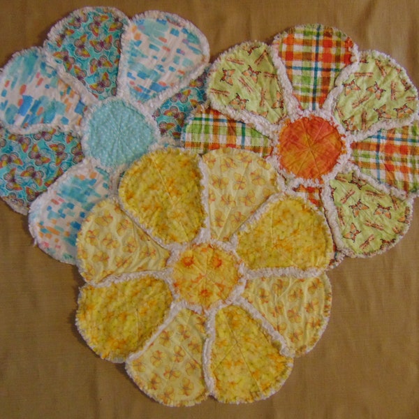 ASST. Folk Art Butterfly Rag Quilt 16" Candle Mats Centerpiece Yellow Turquoise Lime Green