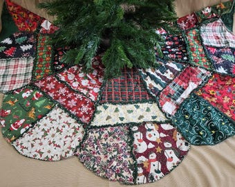 Gonna per albero di Natale realizzata a mano con patchwork di stoffa, stile folk art, stile country, 52 pollici.