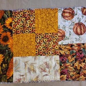 May include: A patchwork quilt with autumn patterns. The quilt displays squares with sunflowers, pumpkins, fall leaves, and wheat stalks in orange, yellow, and brown. The edges have a frayed, textured finish.