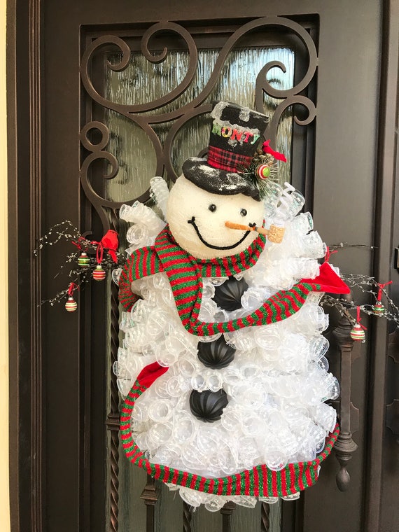 Snowman Door Decoration Wreath Deco Mesh Image 0