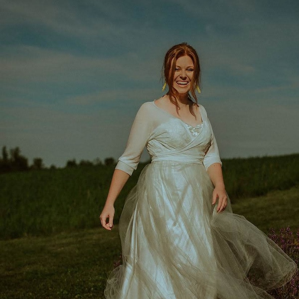 Bridal topper with sleeves chiffon wrap, wedding dress shirt