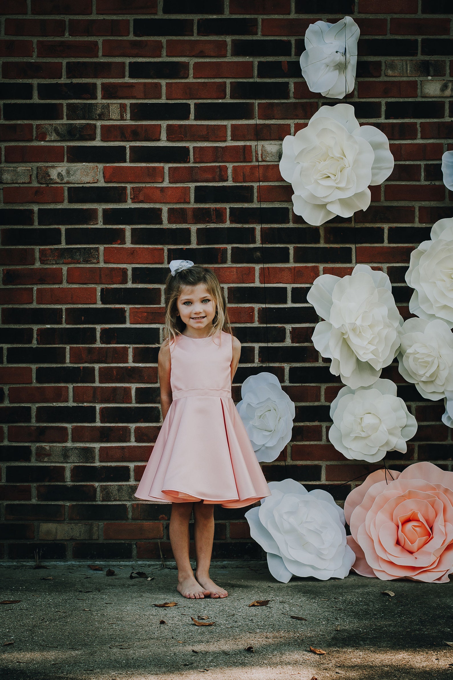 Square Lace Bodice Satin Flower Girl Dress With Bow Candy Pink