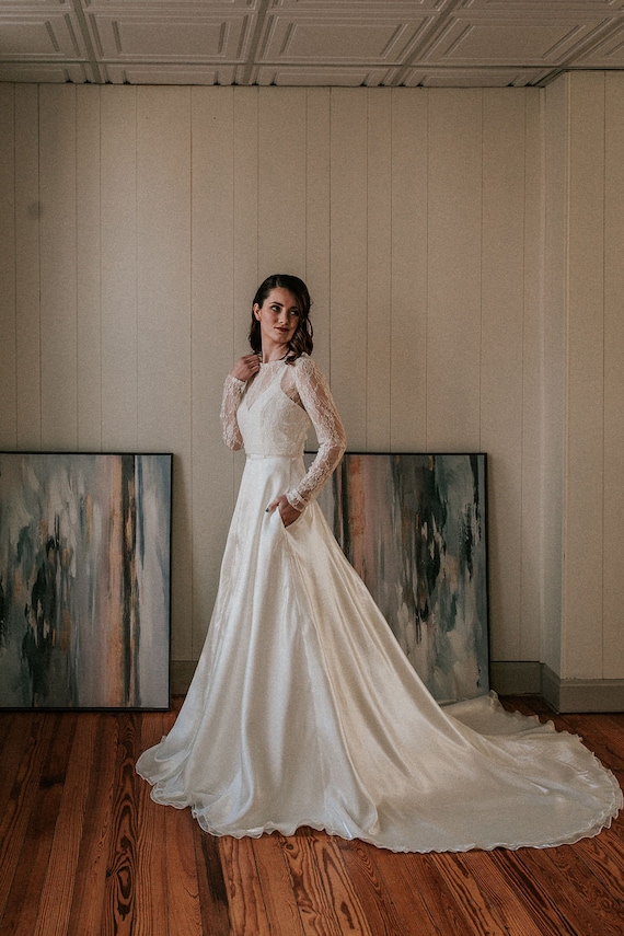 Elegant Long Sleeve Lace and Organza Wedding Dress With Front Slit Pockets Etsy