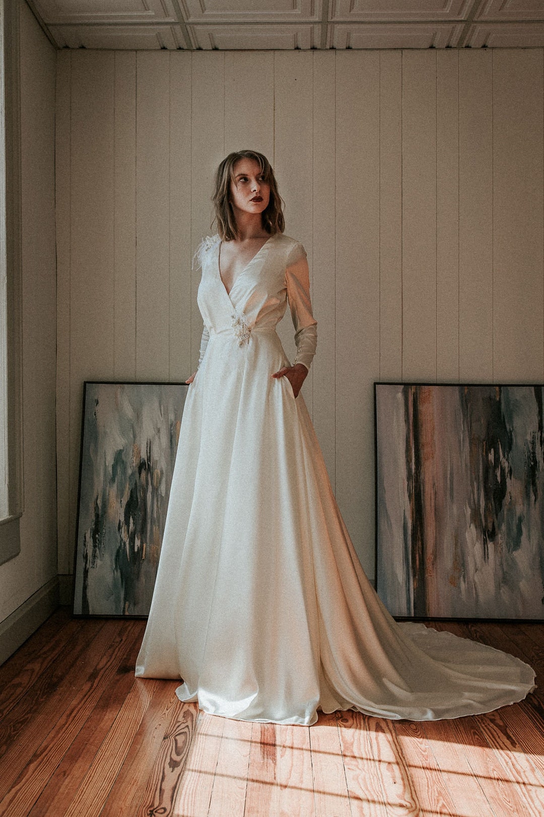 Satin Wedding Gown With Sleeves, Classic Wedding Dress - Etsy