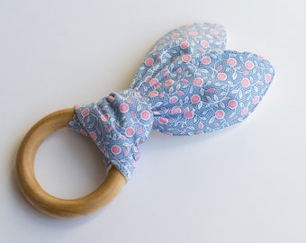 Crinkle baby toy, baby shower gift, floral print, baby girl teething ring, organic wooden teether, bunny ear teething ring, crinkle teether