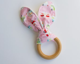 Baby girl teething toy, baby shower gift, camper print teether, crinkle baby toy, organic wooden teether, bunny ear teething ring