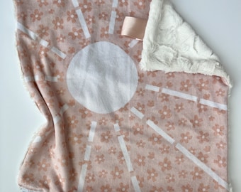 Baby girl lovey, baby shower gift, lovey blanket, minky lovey, pink, sun, flower, minky blanket, security blanket