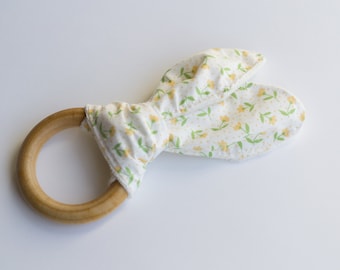 Floral print, crinkle teething toy, baby shower gift, organic wooden teething ring, baby girl teether, crinkle baby toy, bunny ear teether