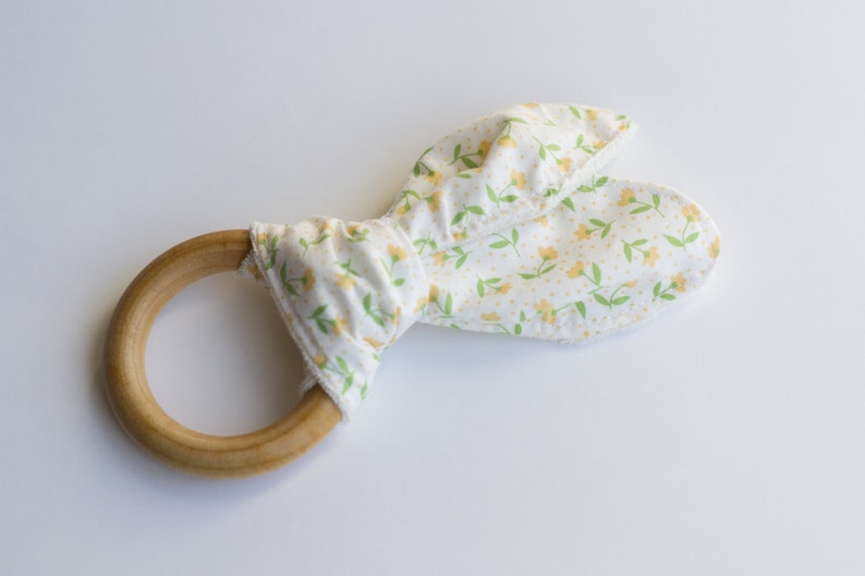 Floral print, crinkle teething toy, baby shower gift, organic wooden teething ring, baby girl teether, crinkle baby toy, bunny ear teether image 1