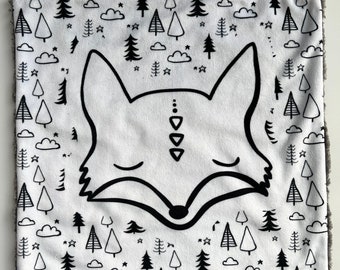 Gender neutral lovey, baby shower gift, black and white lovey blanket, minky lovey, cuddle, fox blanket, minky blanket, security blanket