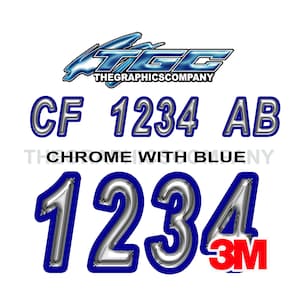 Chrom mit blauen Bootsregistrierungsnummern oder Buchstaben-Abziehbildern Vinyl-Namen und benutzerdefinierten Textaufklebern 3 "x 18" (2) Abziehbilder