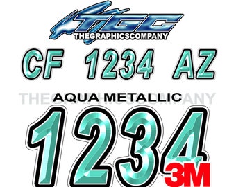 Aqua Metallic Boat Registration Numbers or Letter Decals Names and Custom Text Stickers 3" x 18" (2) Decals