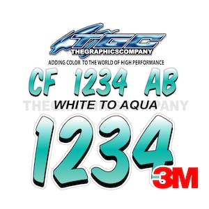 White to Aqua Registration Numbers and Letters Decals Vinyl Names and Custom Text Stickers 3&quot; x 18&quot; (2) Decals