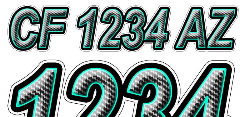 Black Carbon with Teal Boat Registration Numbers and 