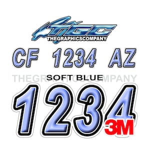 Weiche blaue Bootsregistrierungsnummern und Buchstaben-Abziehbilder Vinyl-Namen und benutzerdefinierte Textaufkleber VT 3 "x 18" (2) Abziehbilder