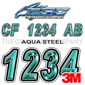 Bootsregistrierungsnummern und Buchstaben-Abziehbilder und Aufkleber Aqua Metal 3 "x 18" (2) Abziehbilder