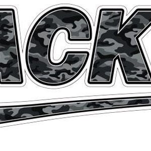 May include: A decal featuring the word TRACKER in bold, block capital letters with a black, grey, and white camouflage pattern. Below the text is a long, thin, horizontal swoosh shape that also features the same camouflage pattern.