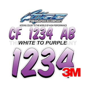 White to Purple Registration Numbers and Letters Decals Vinyl Names and Custom Text Stickers 3&quot; x 18&quot; (2) Decals
