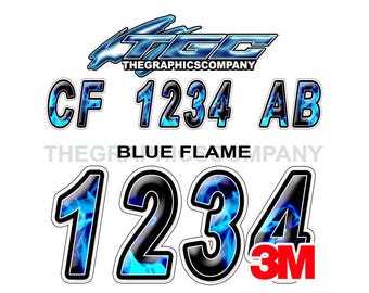 Blue Flame Boat Registration Numbers or Letter Decals Vinyl Names and Custom Text Stickers 3" x 18" (2) Decals