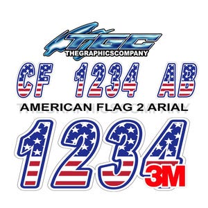 Bandeira americana 2 números de registro de barco Arial e decalques de letras de vinil com nomes e adesivos de texto personalizados VT 3" x 18" (2) decalques