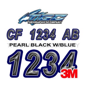 Pearl Black with Blue Registration Numbers and Letters Decals Vinyl Names and Custom Text Stickers 3&quot; x 18&quot; (2) Decals