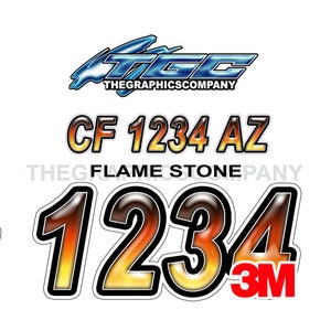May include: Flame-style number decals in black, orange, and yellow with a 3M logo. The decals feature the numbers 1234 and the text "CF 1234 AZ" and "The Graphics Company" in white.
